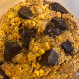 Peanut butter chocolate chip muffin. made with Taza chocolate disc. Vegan at The Station Coffee in Merchantville