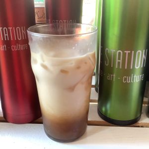 Iced Chai latte with Coconut milk. In house made Chai syrup.  at The Station Coffee in Merchantville