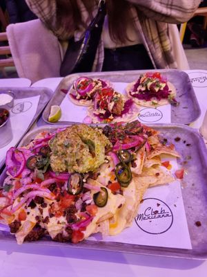 Loaded Nachos and Fried Chick'n Tacos at Club Mexicana - Soho in London