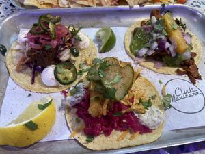 Rib, tofish and carnitas tacos  at Club Mexicana - Soho in London