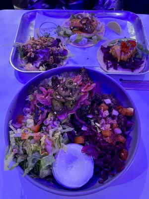 BBQ short rib burrito in a bowl (wraps were sold out) + fish, fried chicken and cheezeburger taco.   at Club Mexicana - Soho in London