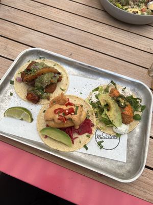 Selection of the tacos - fish taco, buffalo chicken and  al pastor?  at Club Mexicana - Soho in London