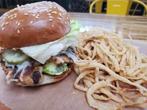 California burger vegan with onion strings at Saturn Cafe in Los Angeles