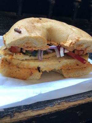 Plant based bagel sandwich  at Ultralife Cafe in Newport