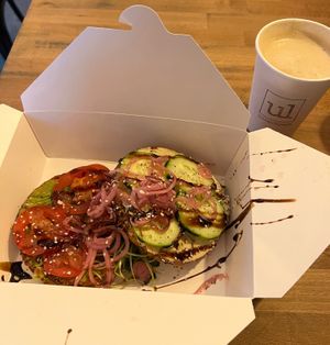 Hipster Bagel & almond milk latte at Ultralife Cafe in Newport