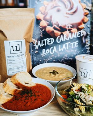 Roasted Tomato and potato leek soup. Both Vegan at Ultralife Cafe in Newport