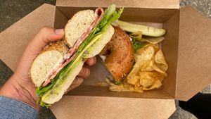 vegan bacon bagel- sub red onion for tomato and a plain bagel for everything  at Ultralife Cafe in Newport