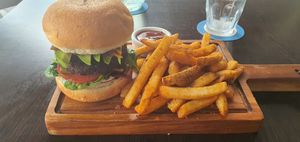 Burger and fries at Ebb and Flow Darwin in Larrakeyah