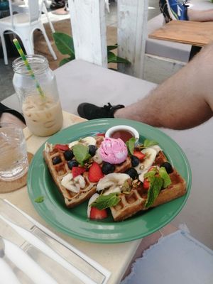 Breakfast waffles at Ebb and Flow Darwin in Larrakeyah