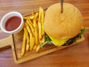 Mushroom Burger and chips at Ebb and Flow Darwin in Larrakeyah