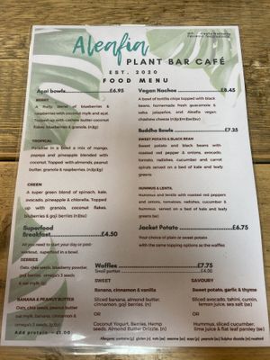 Food menu at The Plant Bar Vegan Cafe in Barnstaple
