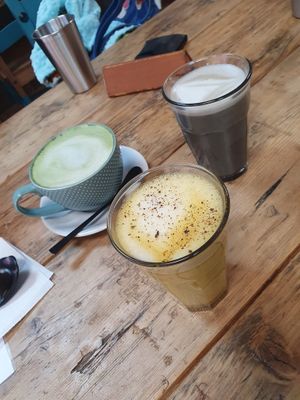 Tricolour hot drinks  at The Plant Bar Vegan Cafe in Barnstaple