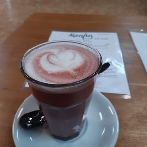 Red velvet hot choc at The Plant Bar Vegan Cafe in Barnstaple
