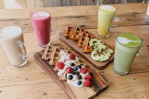 Waffles and lattes at The Plant Bar Vegan Cafe in Barnstaple