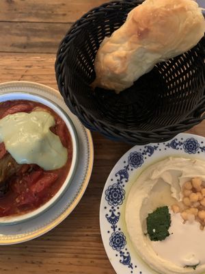 Houmous, Bread and Hit Aubergine! Would recommend!   at Cafe Pilz in Berlin