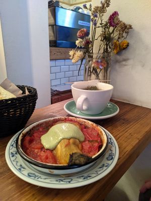 eggplant with tomatoes at Cafe Pilz in Berlin