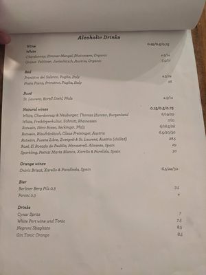 Menu - alcohol free drinks at Cafe Pilz in Berlin