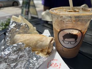 Vegan burrito and fall oat boy   at Gregory's Coffee - Connecticut Ave in Washington