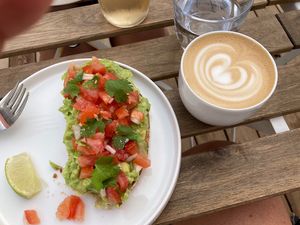Vegan Capuccino and Vegan Avocado toast at Twenty Twenty Coffee in Hvide Sande