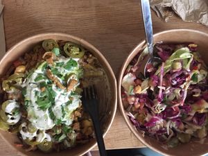 Best loaded fries, salads and burger. Also very friendly staff, sells vegan books and merch 💚💚💚💚love this place at Dominion Food Revolution in Frankfurt