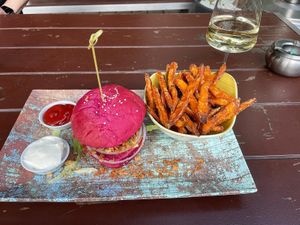 Burger and fries at Dominion Food Revolution in Frankfurt
