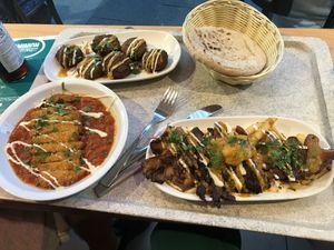 oyster mushroom with fries, falafel and shakshuka schnitzel   at Dominion Food Revolution in Frankfurt
