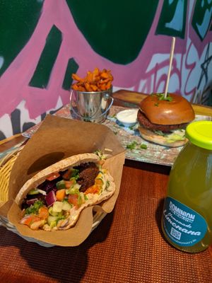 falafel pita and moving mountains burger at Dominion Food Revolution in Frankfurt