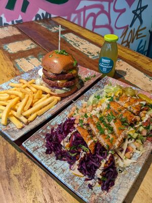 double moving mountains burger and schnitzel salad at Dominion Food Revolution in Frankfurt