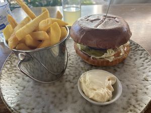 Beyond burger with fries and garlic Mayo   at Dominion Food Revolution in Frankfurt