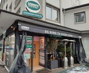 The outside of the restaurant #Veganuary at Dominion Food Revolution in Frankfurt