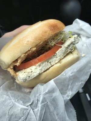 Tofu sandwich on plain with hummus, tomato, and sprouts! So good! at Bodo's Bagels in Charlottesville