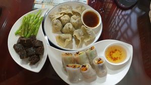 Steamed dumplings, spring rolls, vegan "blood cake" and fried string beans at Tiān Cí Bǎo Xuān 天慈寶軒 in Yuli