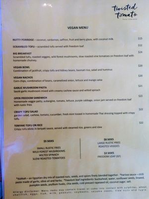 menu, April 22 at Twisted Tomato in Auckland