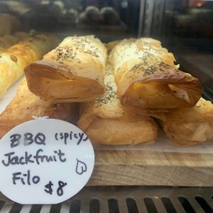 Barbecue jackfruit filo (cabinet food) at Twisted Tomato in Auckland