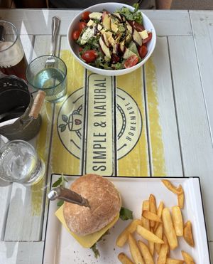 Vegan burger and vegan salad  at Simple & Natural in Lanzarote