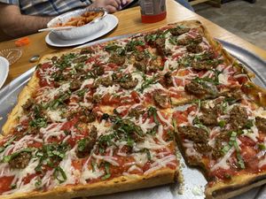 Grandma Vegan Pizza with vegan meatballs added. SOOOO good. I wish I’d ordered with light cheese and no added oil, but wow their pizza is no joke amazing!  at Nick's Pizza & Deli in Fanwood