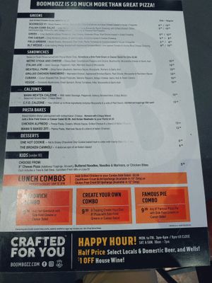 Back of menu, salads and sandwiches at BoomBozz in Spring Hill