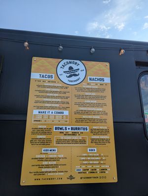 Menu - includes vegan friendly options for tacos, nachos and burritos/bowls at TACOMORY in Tobermory