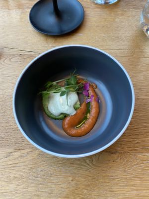 Avocado, wild garlic cream and tomatoe puree  at Restavracija Sunrose 7 in Bohinjska Bistrica