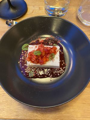 Coconut panna cotta with strawberry souce  at Restavracija Sunrose 7 in Bohinjska Bistrica