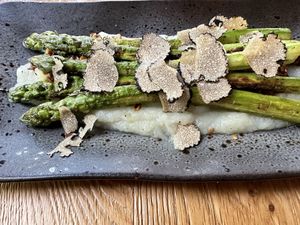 Asparagus truffles potato sauce  at Restavracija Sunrose 7 in Bohinjska Bistrica