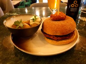 Hoisin burger and potatoes at Naturli' in Oslo