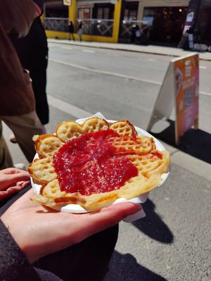 Vegan waffle with raspberry jam at Haralds Vaffel in Oslo