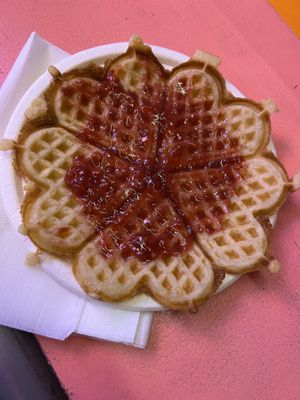 Heart waffles and raspberry jam  at Haralds Vaffel in Oslo