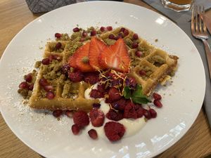 Berry & matcha waffles (soo good)  at BoBo  in Hannover