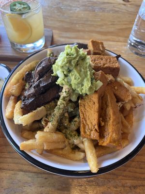Switchback fries (half tofu / half mushroom)  at Switchback in Durango