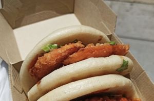 Sweet potato bun (vegan and still yummy if you take off the mayo!)  at Boom Box Buns in Cincinnati