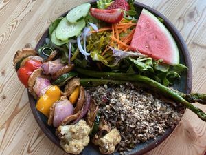 Vegetable skewers with wild rice salad  at Angry Trout Cafe in Grand Marais