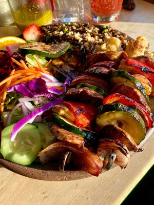 Vegetable skewers with wild rice at Angry Trout Cafe in Grand Marais
