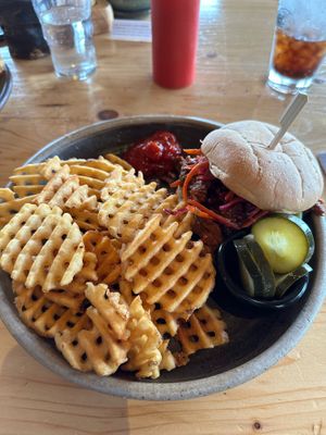 Gochujang BBQ Sandwich with soy curls, rice vinegar slaw, and vegan mayo.  at Angry Trout Cafe in Grand Marais